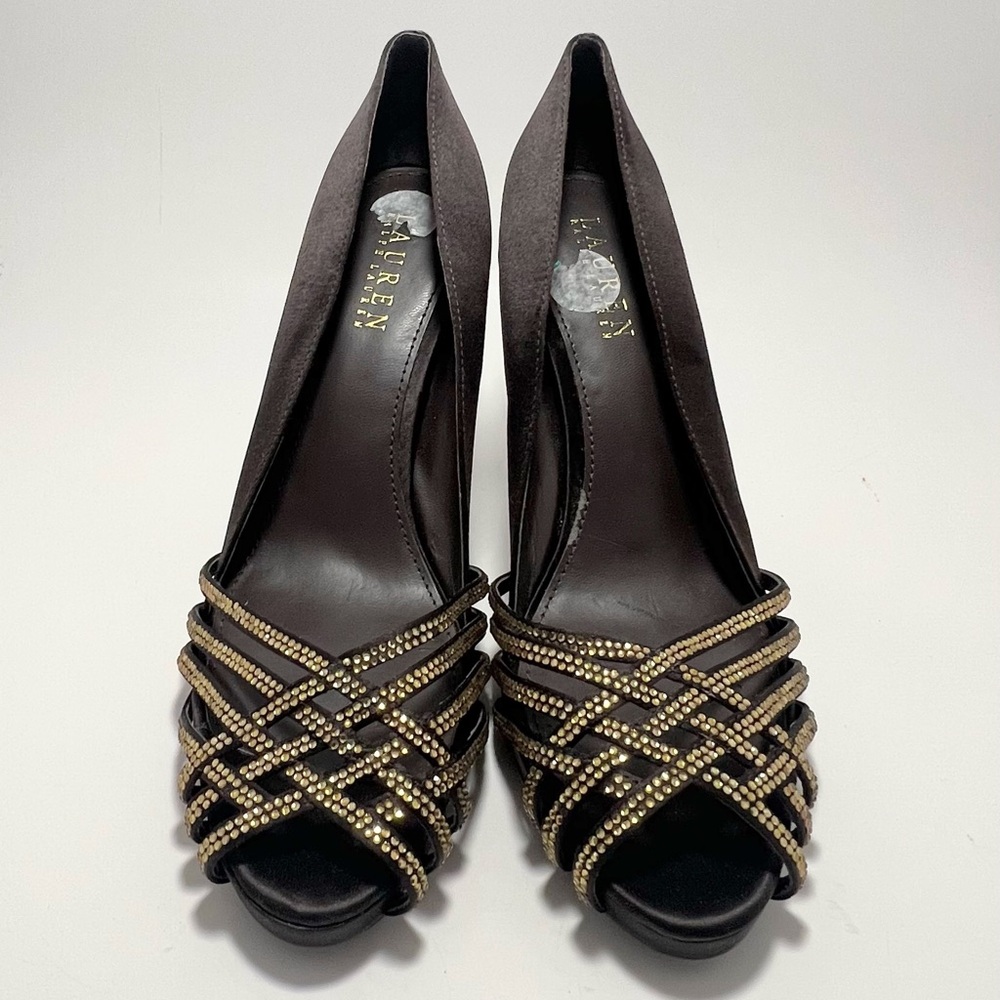 Ralph Lauren BALINA  Satin Jewel Peep Toe Evening Pump Heel Black 8 B